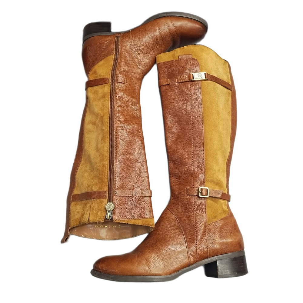 Etienne Aigner Colton Riding Boots Womens Size 8M Brown Leather Suede Side Zip